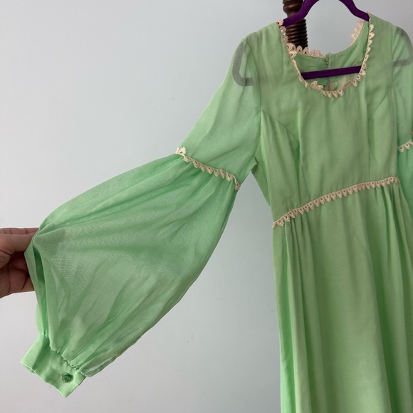 🌿 Vintage 60s Green Prairie Maxi Dress Lace Trim Boho Romantic XS/S 🌿 - Picture 5 of 16